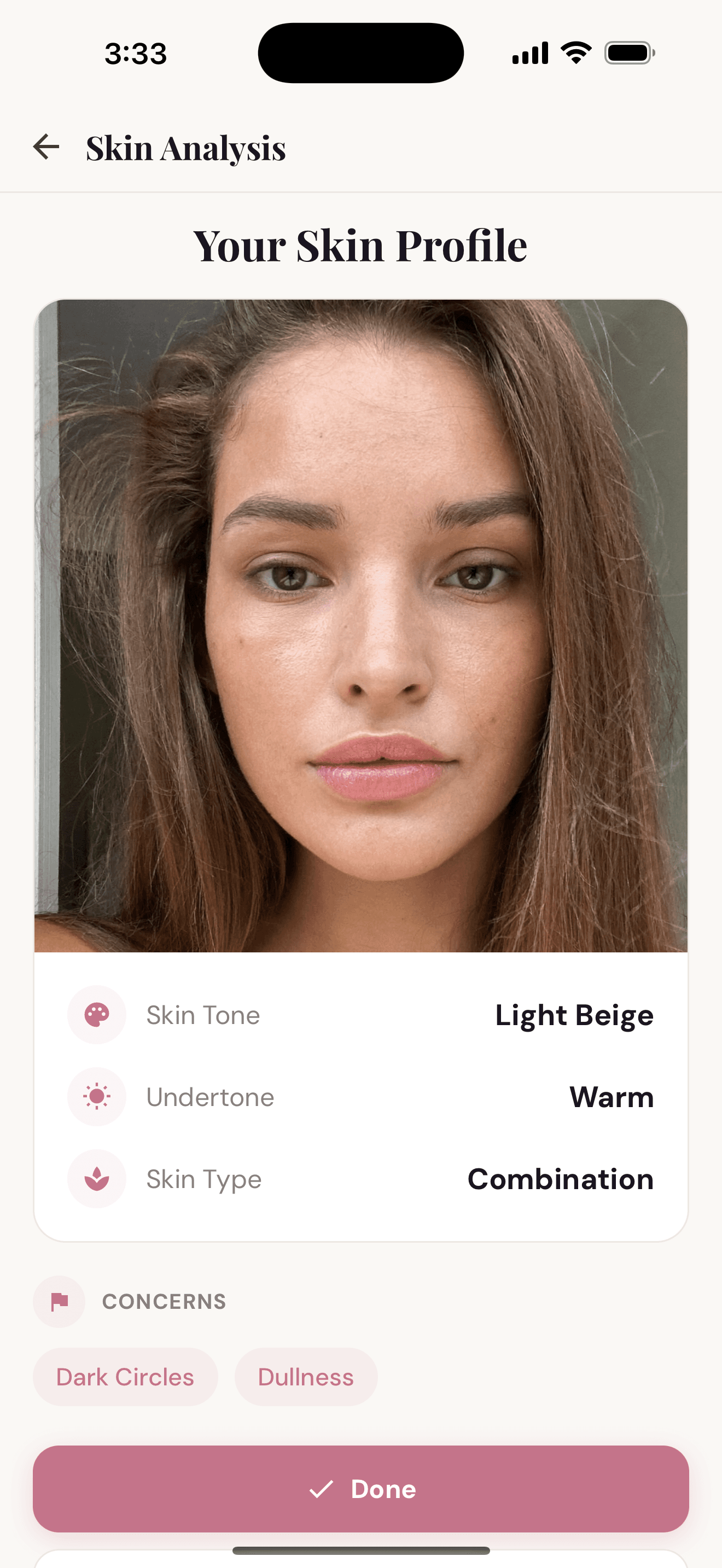 Skin Analysis showing tone, undertone, and skin type